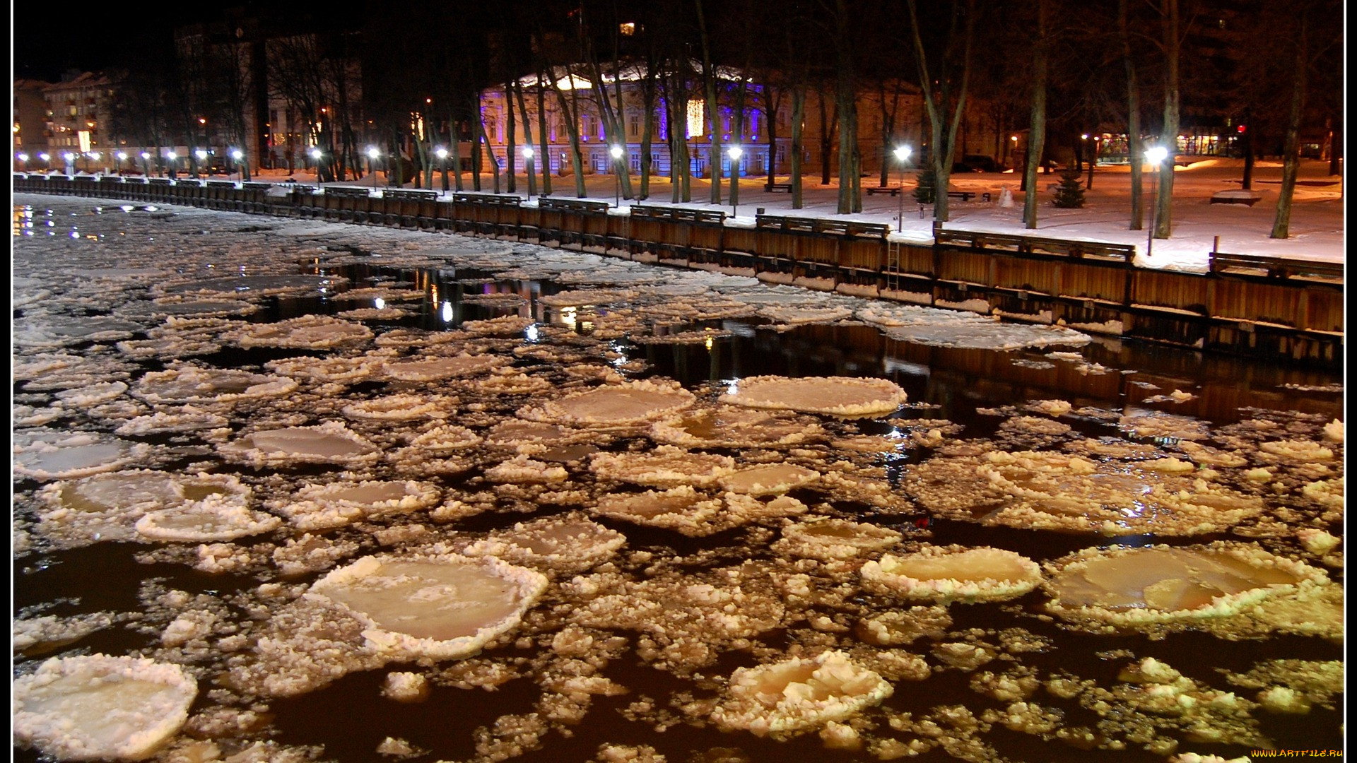 frozen, river, in, town, at, night, , , , , , , 